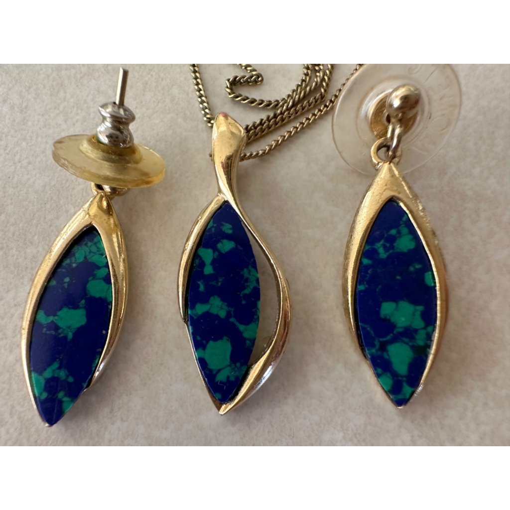 Ariki Gold Plated Blue Green Genuine Azurite Gemstones Necklace Earrings Set
